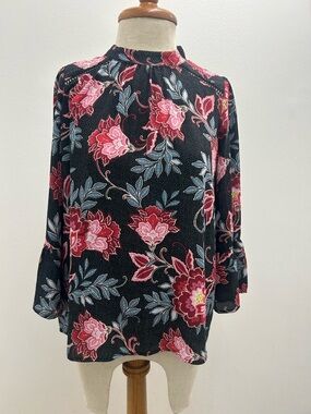 LOFT Black Floral Mock Neck Blouse with Pink and Blue Flowers